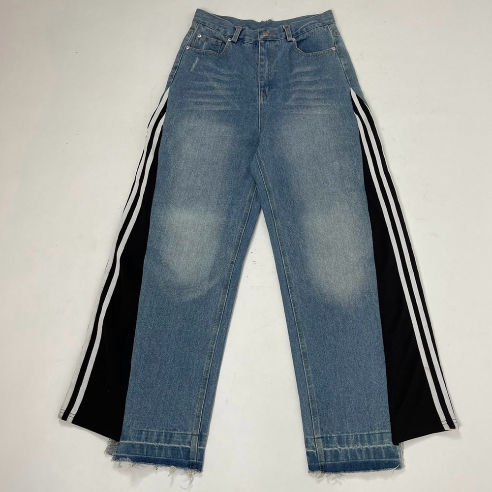 Medium Wash High Waisted Jeans with Track Pant Detail